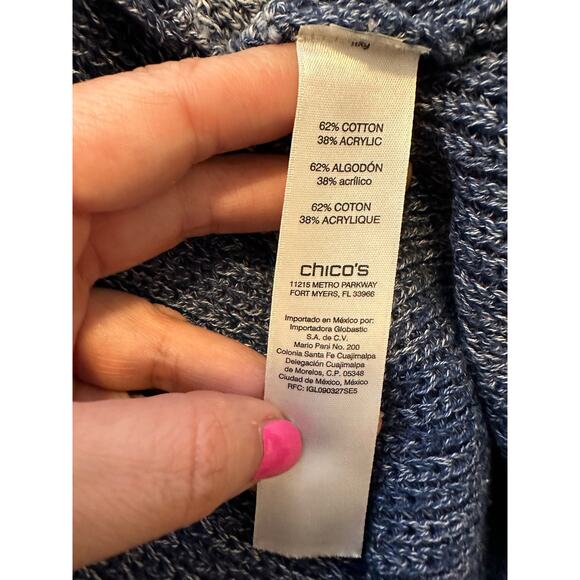 Chicos Blue Patchworks Long Sleeves Fringe Open Front Cardigan size 0 - S - Picture 4 of 12